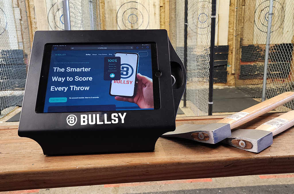 The Bullsy.app website on an iPad at an axe throwing venue.