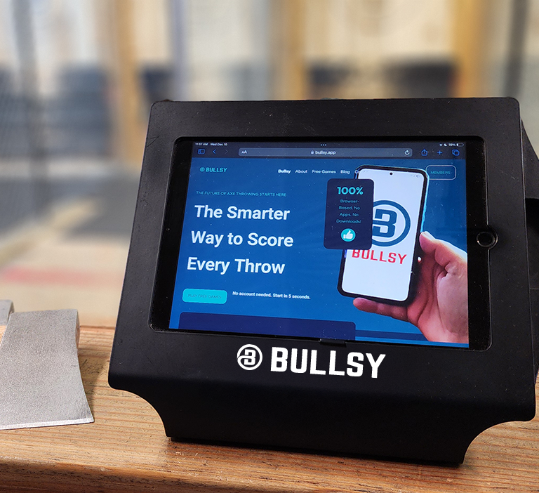 The Bullsy.app website on an iPad at an axe throwing venue.